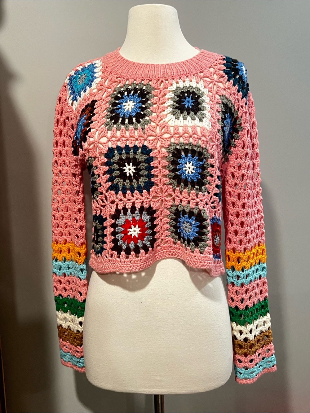 Source Unknown Pink Crochet Granny Square Pullover with Multi-Color Accents